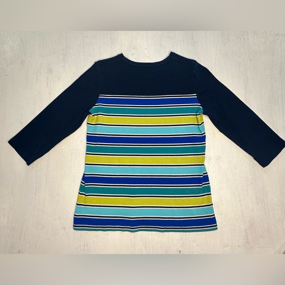 Kim Rogers Women’s Small Striped 3/4 Sleeve Cotton Top Blue Green - Picture 2 of 7